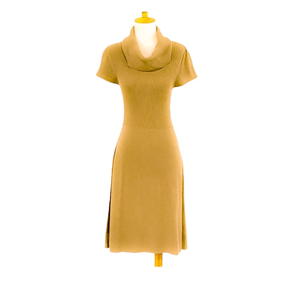 Calvin Klein Mustard Yellow Knit Cowl Neck Short Sleeve Sweater Dress Medium - Picture 8 of 10